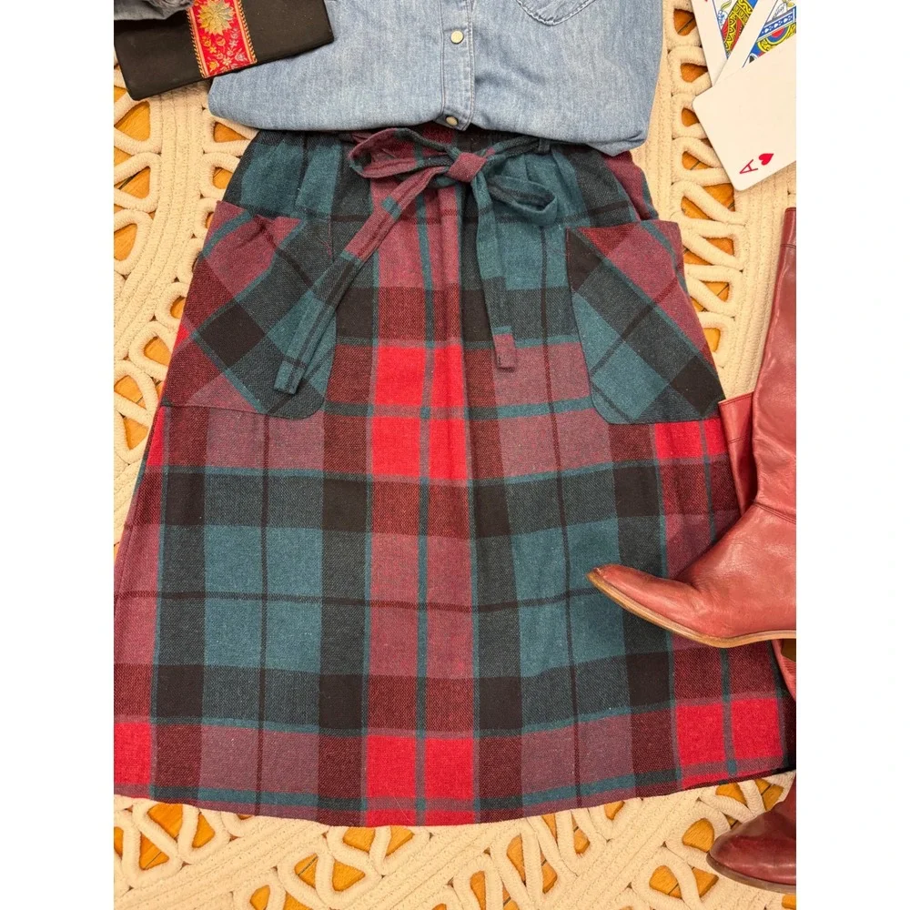 Vintage Plaid Midi Skirt Tie Waist Pockets Wool Blend Red Teal Black Boho Sz S/M